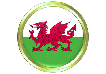 Wales Flag Gold Button Icon: Patriotic Welsh Dragon Symbol on White and Green Background with Golden Frame