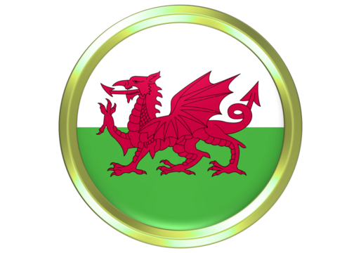 Wales Flag Gold Button Icon: Patriotic Welsh Dragon Symbol on White and Green Background with Golden Frame - Powered by Adobe