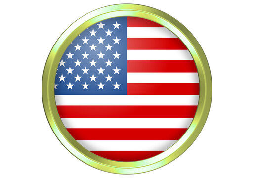 USA Flag Circular Button with Golden Metallic Frame - Patriotism and National Identity Symbol
