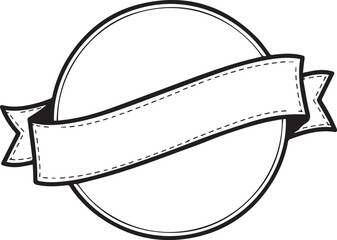 Blank circular badge frame and stitched banner ribbon template isolated vector graphic