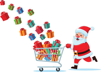 Happy Santa Claus Pushing Shopping Cart Full of Gifts, Christmas Sale, Holiday Presents, Ecommerce, Festive Marketing, Vector Illustration