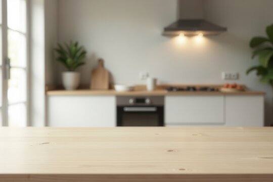 Light wood kitchen counter with blurred background of modern kitchen appliances and minimalist decor - Powered by Adobe