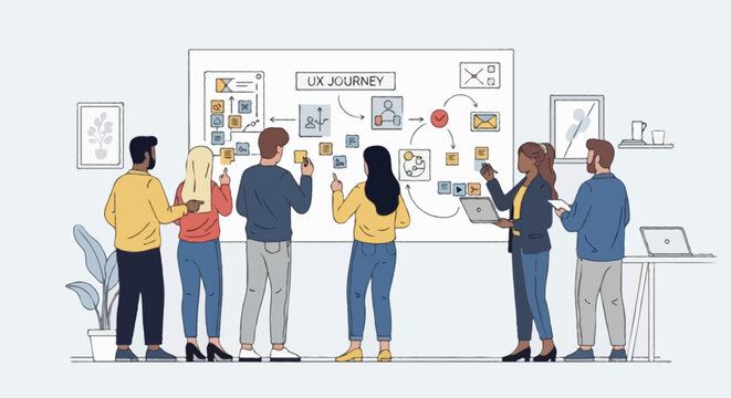 Flat vector Creative team mapping user journey on large UX board