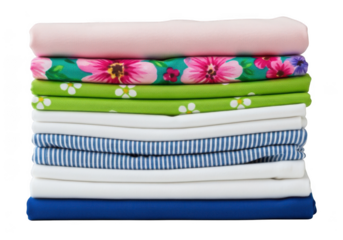 Stack of neatly folded colorful fabric sheets isolated on transparent background