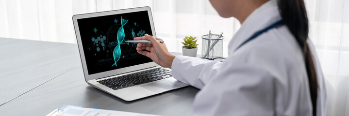 Medical science technology and futuristic healthcare virtual computer software analyze human health and diagnose disease for doctor data and medical research. brisk