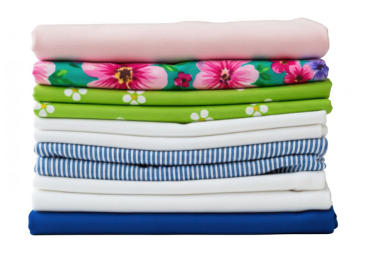 Stack of neatly folded colorful fabric sheets isolated on transparent background