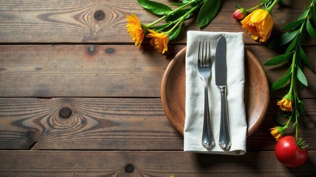 Rustic wooden table setting with elegant silverware, linen napkin, and vibrant autumnal flowers, ready for a delightful meal.