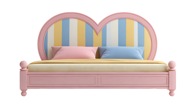 A charming pink bed frame with striped backing and soft colored pillows