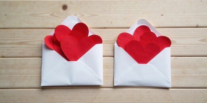 Two white envelopes filled with red paper hearts rest on a light wood surface