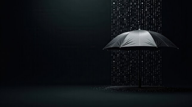 A Black Umbrella Shelters From a Digital Downpour, Symbolizing Data Protection and Cybersecurity