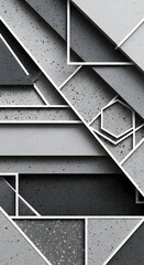 Abstract geometric composition of overlapping gray shapes with white borders, creating a modern and textured background.