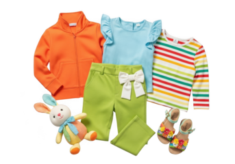 Childrens clothing outfit with stuffed bunny and sandals isolated on transparent background