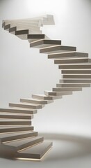 A modern, minimalist spiral staircase with floating wooden steps ascends against a bright white background, illuminated from below.