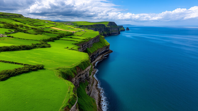 Irish Countryside Cliffs with Green Fields Meeting Deep Blue Ocean