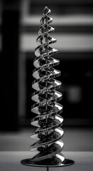 A shiny, metallic, spiral sculpture stands on a surface, reflecting light in a monochromatic, blurred background.