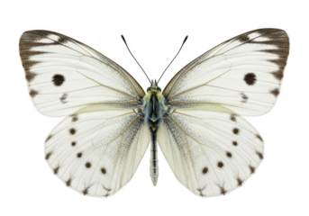A beautiful white butterfly with black markings, isolated on transparent background