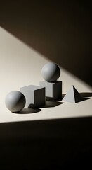 Geometric shapes including spheres, cubes, and a pyramid are arranged on a surface, illuminated by a strong, directional light source creating deep shadows.