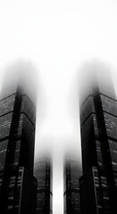 Low angle view of tall skyscrapers disappearing into heavy fog, creating a symmetrical and mysterious urban landscape.
