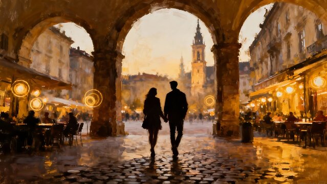 Generative AI romantic stroll through European plaza.