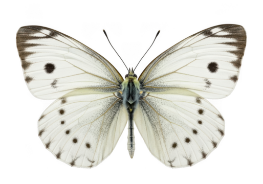 A beautiful white butterfly with black markings, isolated on transparent background