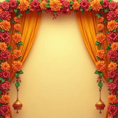 Vibrant floral archway with orange and pink flowers and golden drapes