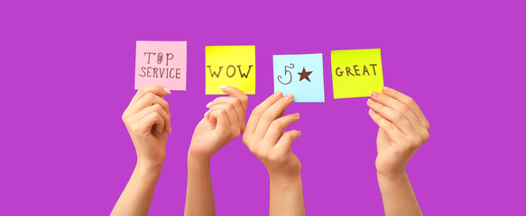 Women with reviews on purple background. Customer experience concept