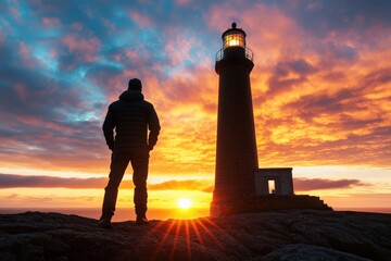 A lighthouse keeper checking equipment at sunset, solitude and responsibility, scenic view
