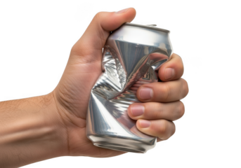 A hand crushing a silver aluminum can, isolated on transparent background