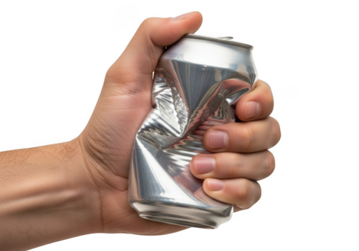 A hand crushing a silver aluminum can, isolated on transparent background