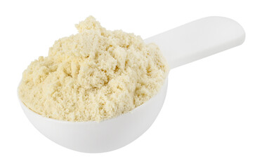 Protein powder in a measuring spoon isolated on a transparent background. PNG.