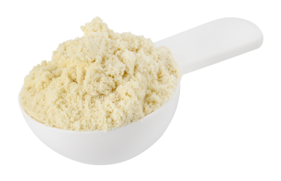 Protein powder in a measuring spoon isolated on a transparent background. PNG.