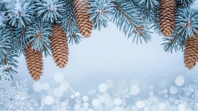 Frosted Fir Branches with Pine Cones on a Cool Blue Bokeh Winter Background
