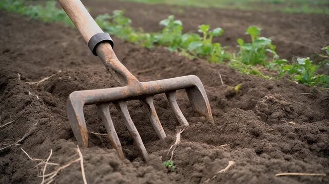 Gardener raking soil in a garden.