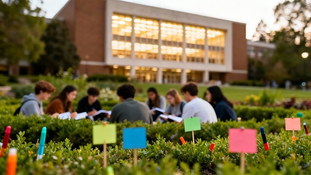 Generative AI students collaborate on campus lawn with colorful markers.