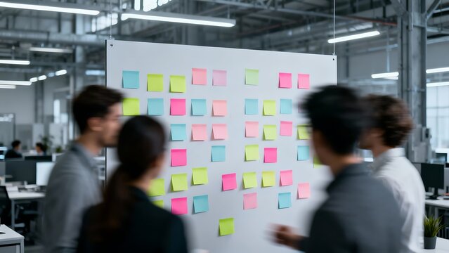 Generative AI team collaborates using colorful sticky notes on a whiteboard.