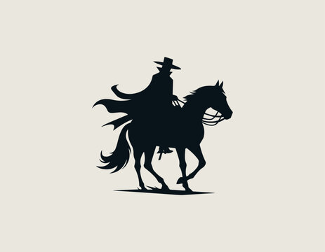 Dramatic black vector silhouette of a mysterious caped rider on a powerful horse, wearing a wide-brimmed hat, set against a subtle circular light element