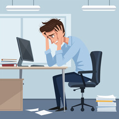 Cartoon stressed office worker , Anxious man work online on computer vector illustration
