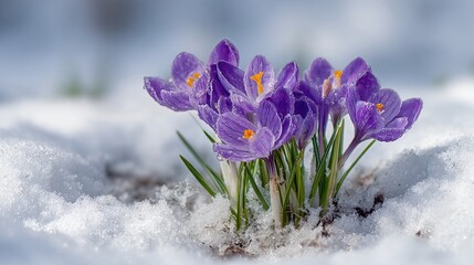 Purple crocus flower in snow