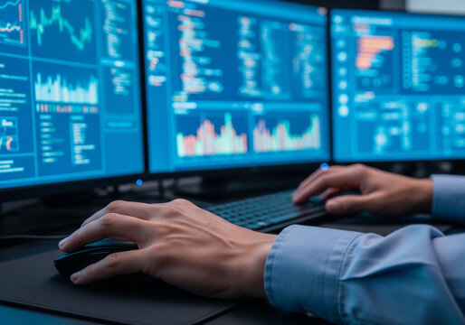 Professional monitoring financial data, analyzing charts on multiple screens