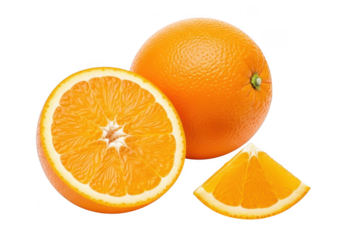 Whole orange, sliced orange, and orange wedge isolated on transparent background