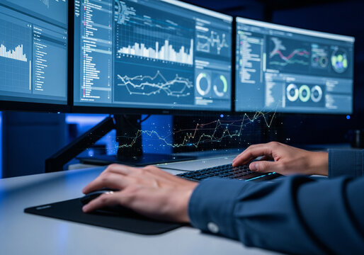 Financial Analyst Working on a Multi-Monitor Trading Setup - Powered by Adobe