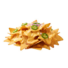 Fototapeta premium Crispy nacho chips topped with warm melted cheese. Crunchy, cheesy, and perfect for sharing.