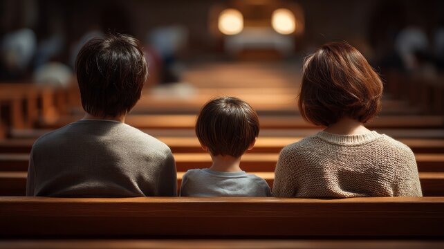 A family of three sits together in a church pew - Powered by Adobe