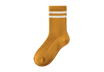 Yellow sock with white stripes isolated on transparent background