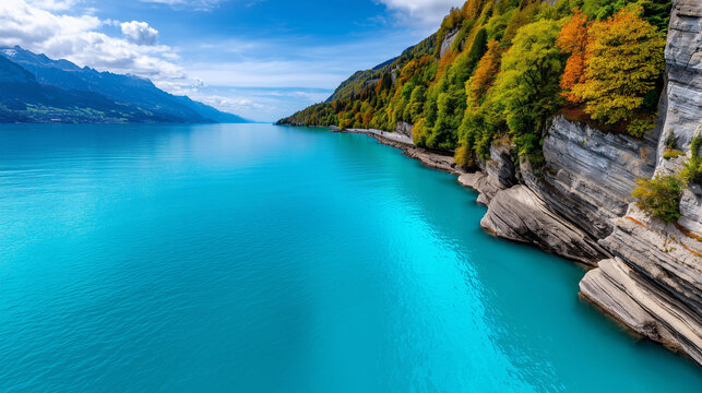 Minimal Panoramic View of Lake Brienz with Turquoise Water

