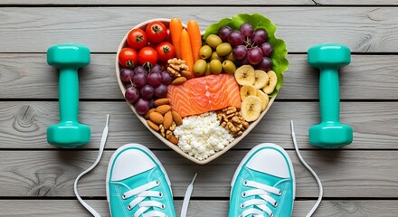 Healthy lifestyle concept with heart-shaped plate of nutritious food, dumbbells, and sneakers on a rustic wooden background representing fitness and wellness journey.