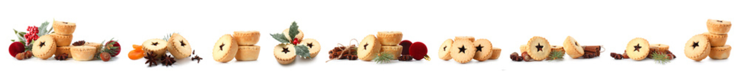 Set of tasty Christmas mince pies on white background