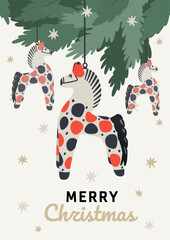 Modern card Merry Christmas tree toy horse