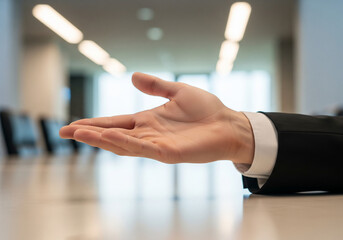 Business meeting hand offering gesture in conference room