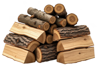 A pile of chopped firewood, showing rough bark and cut wood grain, isolated on transparent background